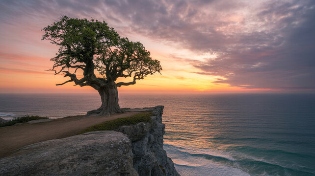 Stunning sunset view from cliff with a lone tree overlooking the ocean waves