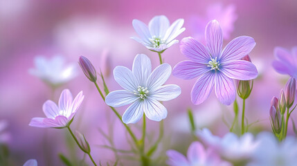 Fototapeta premium Close-up of delicate purple, pink, and white flowers with soft petals and natural light. Vibrant colors and gentle details emphasize beauty, freshness, and the elegance of nature’s floral charm.