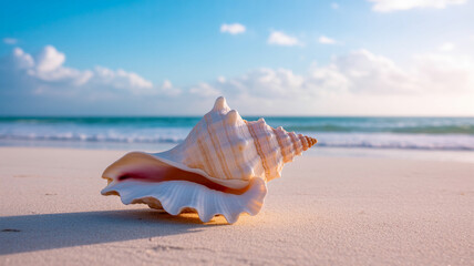 Beautiful seashell resting on sandy beach under clear blue sky during warm afternoon at a tropical location