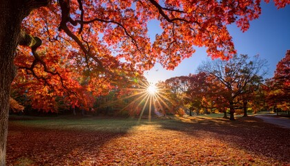 afternoon sun shining through a canopy of red oak leaves in autumn in chapel hill north carolina