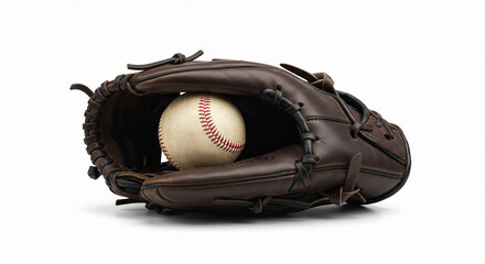 Baseball glove with ball isolated on white, realistic and classic, great for American baseball stock images.