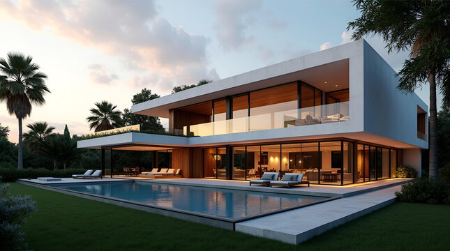 Modern luxury villa with infinity pool at sunset, showcasing contemporary architecture and tranquil outdoor living space. - Powered by Adobe