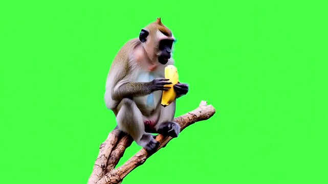 3D realistic Semnopithecus monkey eating a banana sitting on a tree branch, Rendering on solid Green Screen, 4k gray langurs Primate banana eating on chroma key
