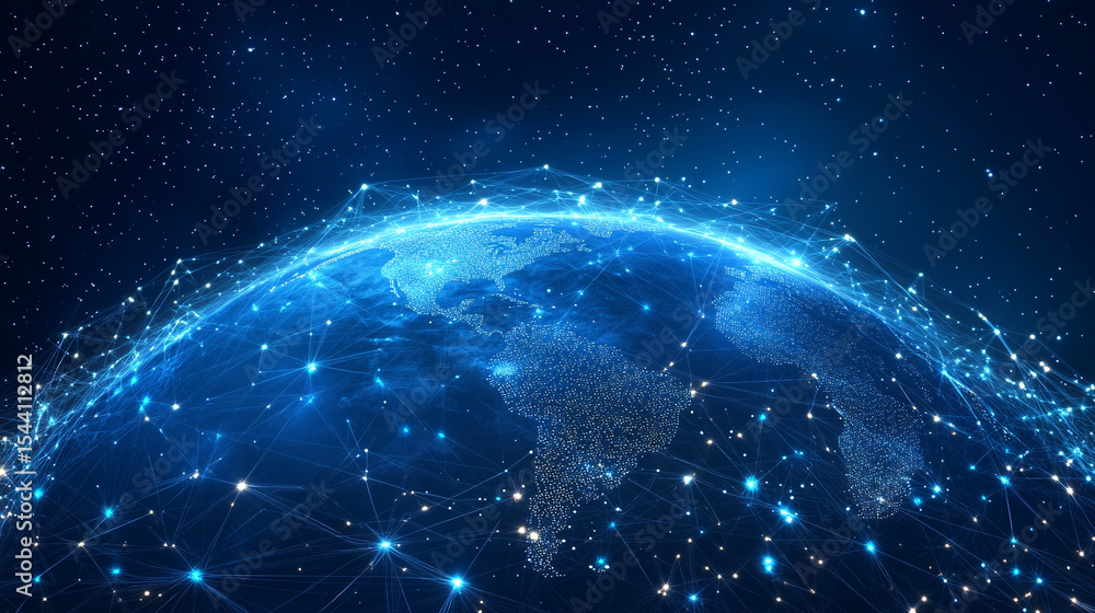 Poster low polyline earth network with connection points and lines, symbolizing global business, technology