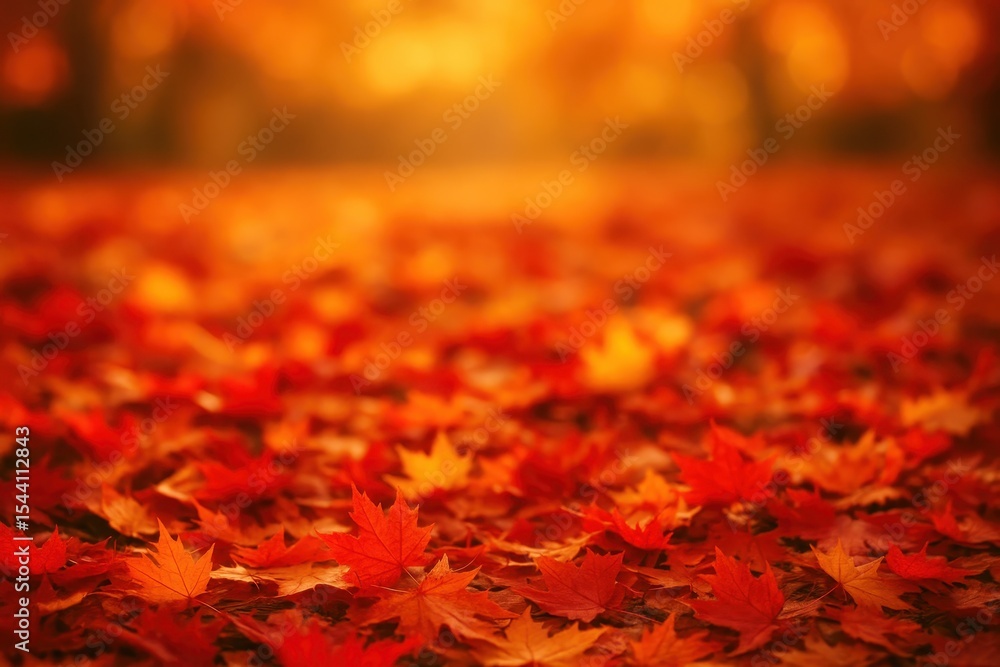 Poster autumn maple leaves scattered on ground with warm bokeh effect creating seasonal nature background