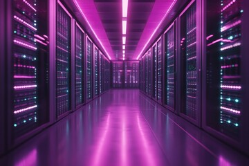 Fototapeta premium Data Center Server Room Corridor with Pink and Purple Neon Lighting and Server Racks