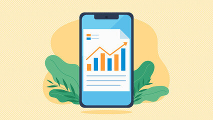 Illustartion graphics in flat style. Processing of financial and economic data of the company. Document with bar chart on mobile phone screen. Profit and loss analysis on document.