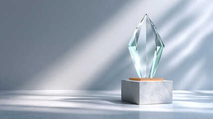 Faceted glass trophy mockup for sport competition winner or business achievement with light rays.