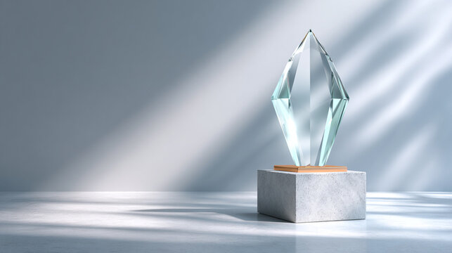 Faceted glass trophy mockup for sport competition winner or business achievement with light rays.