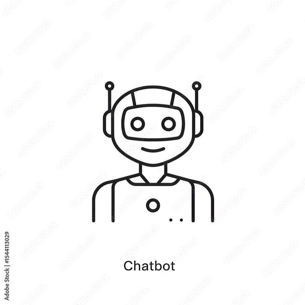 Poster friendly chatbot robot icon line art isolated on transparent background