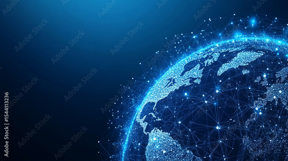 Poster low polyline earth network with connection points and lines, symbolizing global business, technology
