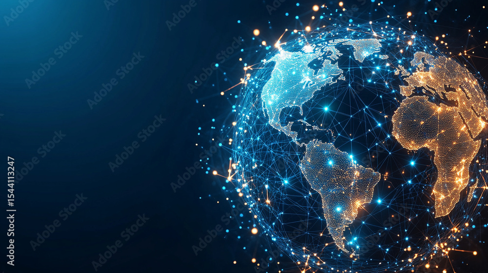 Poster low polyline earth network with connection points and lines, symbolizing global business, technology