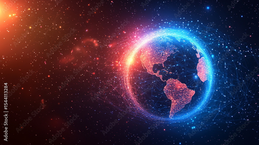 Poster low polyline earth network with connection points and lines, symbolizing global business, technology