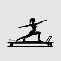 Pilates woman silhouette on reformer machine isolated on white background