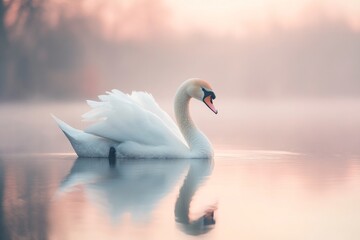 Fototapeta premium Elegant Swan Floating on Calm Water with Reflection in Soft, Misty Morning Light