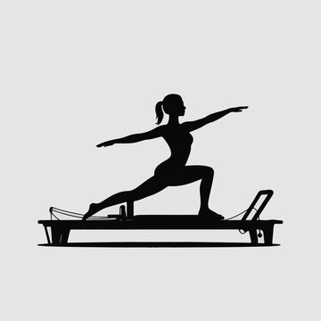Pilates woman silhouette on reformer machine isolated on white background