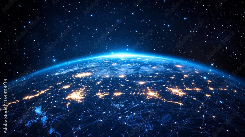 Poster low polyline earth network with connection points and lines, symbolizing global business, technology
