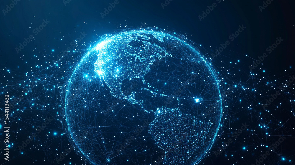 Poster low polyline earth network with connection points and lines, symbolizing global business, technology