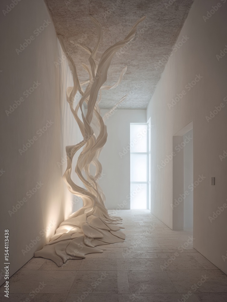 Poster ceramic sculpture of nerves elegantly positioned in a minimalist gallery space with subtle lighting 