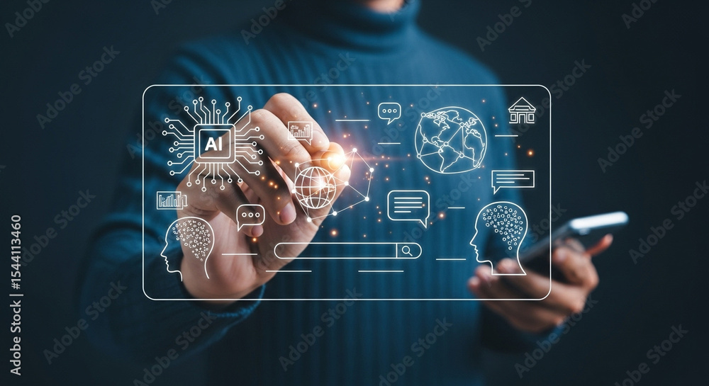 Poster Person interacting with ai interface on screen displaying global network and data analysis tools
