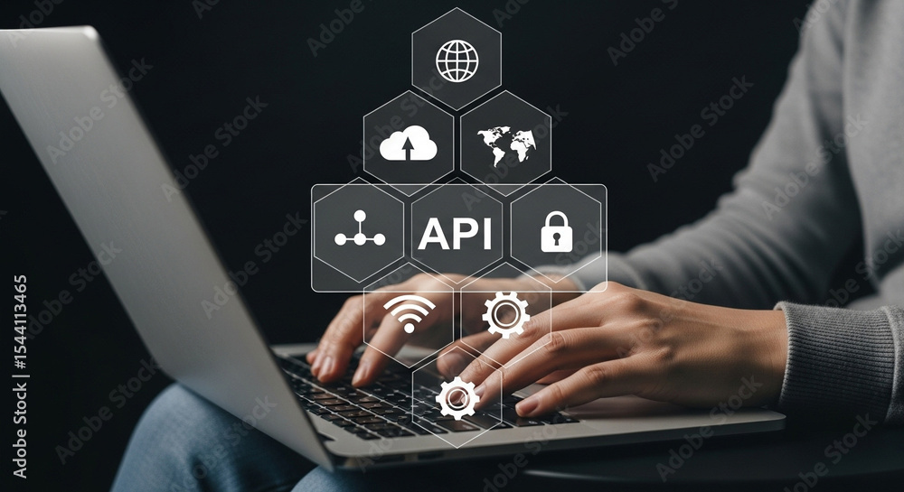 Aufkleber Person typing on laptop with api and cloud computing icons overlayed on the screen interface