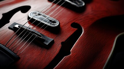 Obraz premium Close-up of a red wooden guitar's fretboard and bridge.