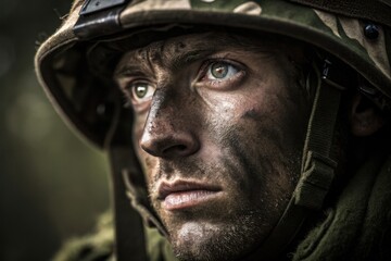 Close-Up of Soldier's Eyes in Camouflage During Combat Duty / Intense Gaze of Battle-Hardened Soldier in Warzone