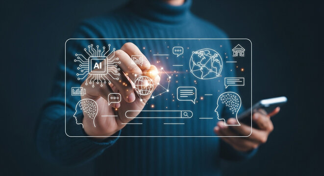 Person interacting with ai interface on screen displaying global network and data analysis tools