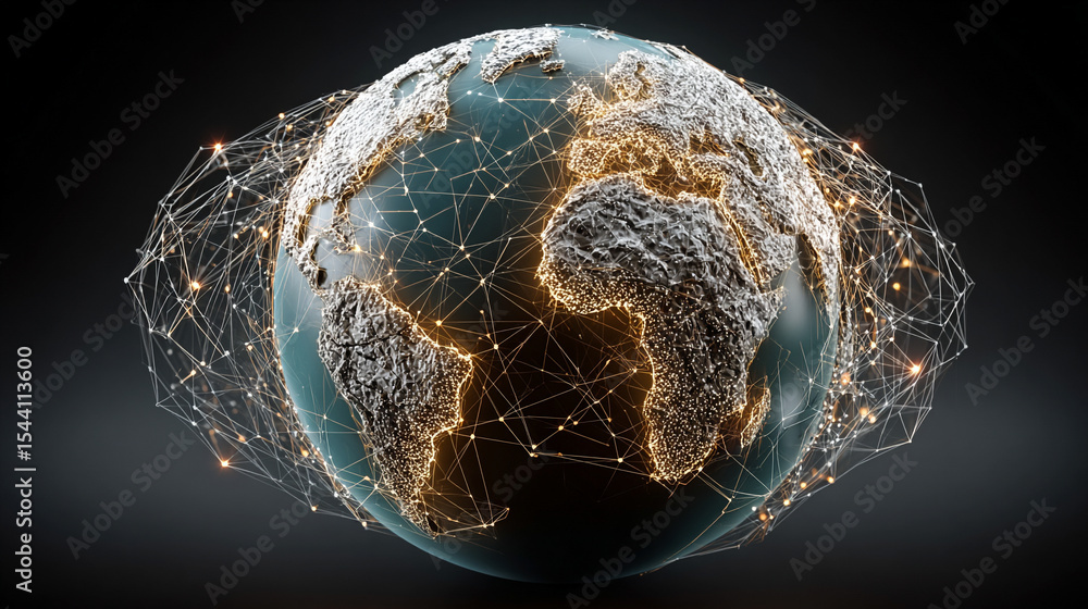 Poster low polyline earth network with connection points and lines, symbolizing global business, technology