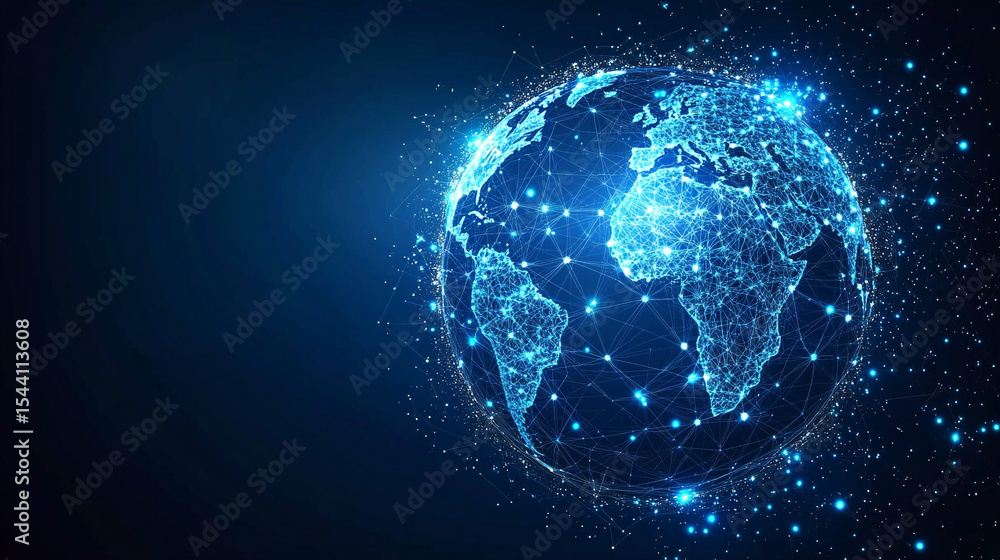 Poster low polyline earth network with connection points and lines, symbolizing global business, technology