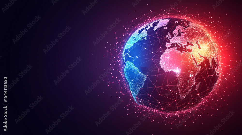 Poster low polyline earth network with connection points and lines, symbolizing global business, technology