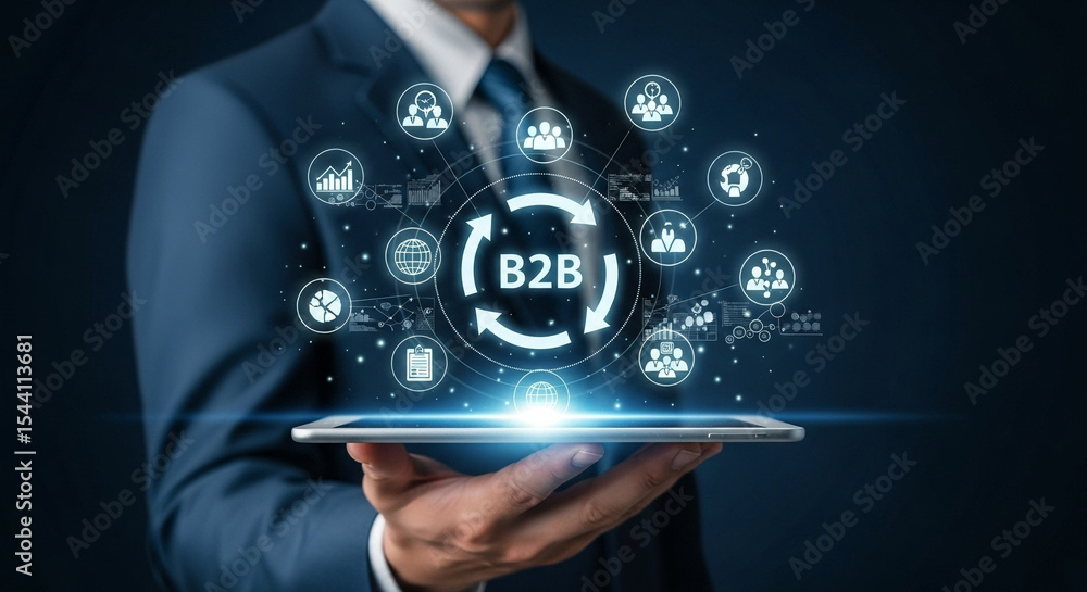 Aufkleber man holding tablet displaying b2b concept with connected network of business related icons around it