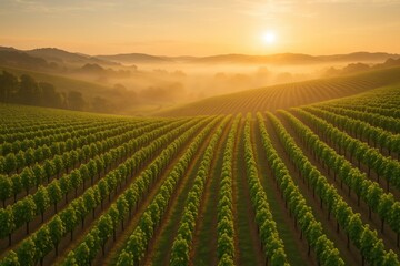 Fototapeta premium Lush vineyard rows with green grapevines ready for harvest in wine country landscape