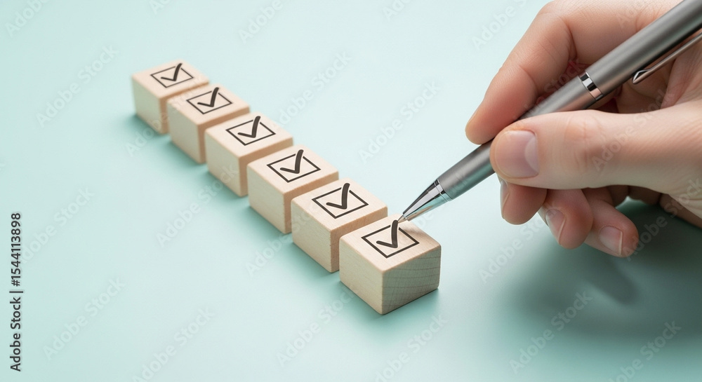 Aufkleber hand marking check boxes on wooden blocks with a pen on a light blue surface in a close up view