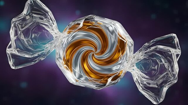 3D candy, golden swirl center in a clear wrapper against galaxy backdrop. Use for confectionery ads, holiday promos, candy store visuals, sweet treats, whimsical design projects.