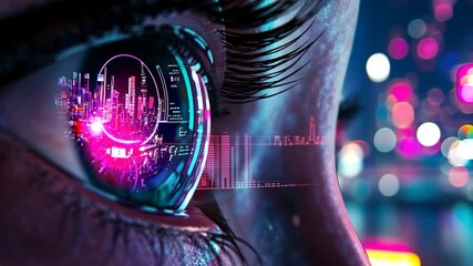 Futuristic vision: digital cityscape reflections in a human eye closeup - Powered by Adobe