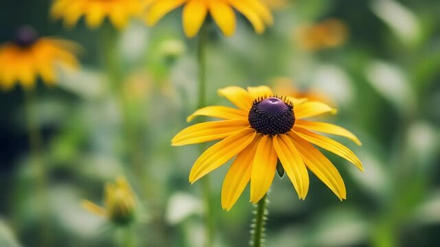 Close-Up of Yellow Black-Eyed Susan (Rudbeckia Hirta) Flower in Summer Garden. Vibrant Daisy-Like Blossom with Dark Center.