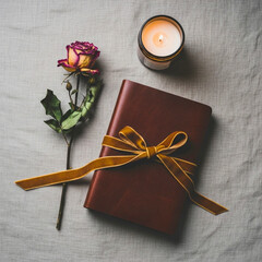 Flat Lay with Closed Leather Journal, Dried Flower Rose and Candle – Boho Romantic Still Life...