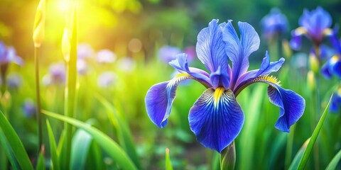 Delicate Siberian blue iris flower blooming in a lush green garden with vibrant flowers and foliage during summer days, nature