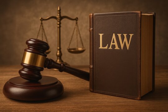 Traditional wooden judge's gavel and open law book positioned on courtroom bench representing legal authority - Powered by Adobe