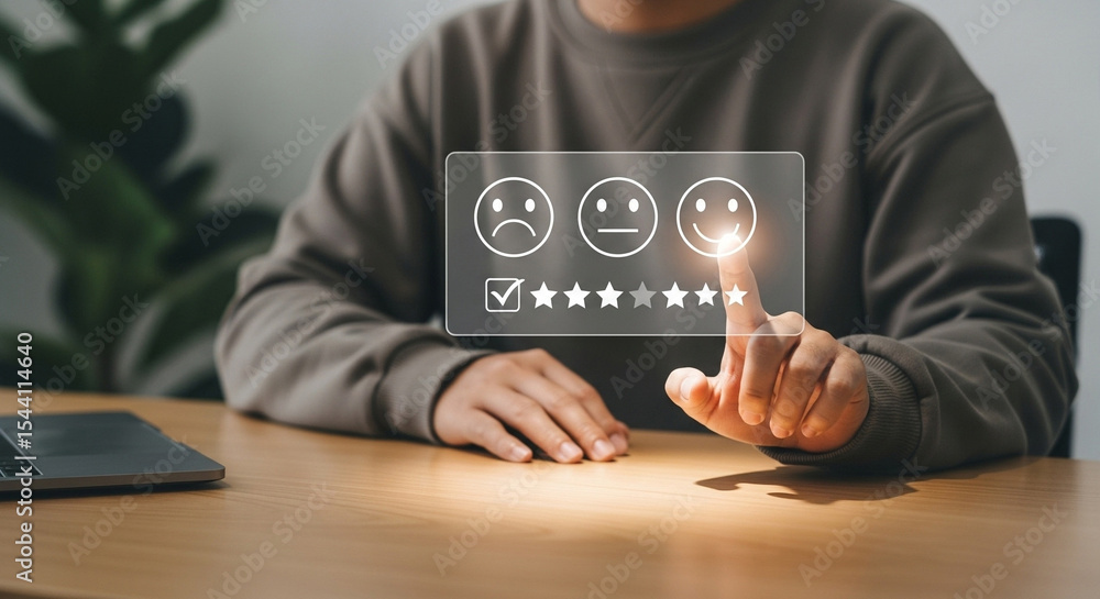 Poster person interacting with digital customer satisfaction interface on a wooden desk surface