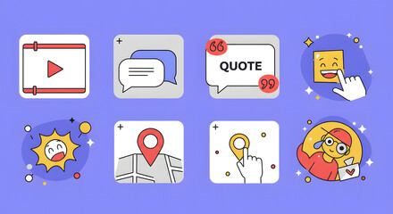 Vibrant Icon Set Video, Chat, Quote, Emoji, Location, and Delivery