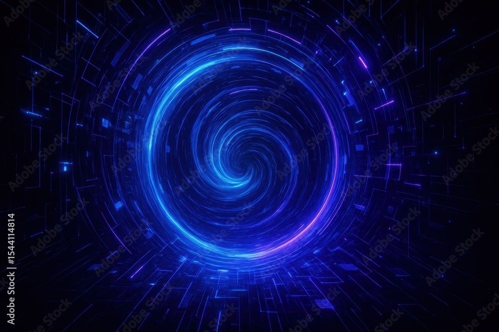 Poster abstract futuristic time portal with swirling energy vortex and digital particle effects