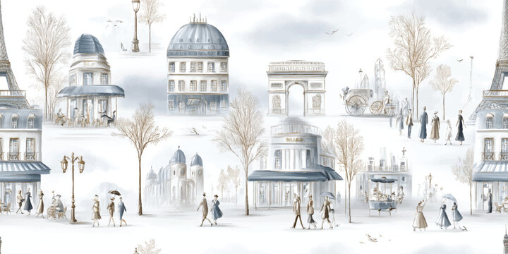 Elegant Parisian Cityscape, Tower, Cafe Street Scene Seamless Print, Charming Vintage European Style for design, textile, packaging, fabric, wallpaper, branding, wrapping paper interior decor.