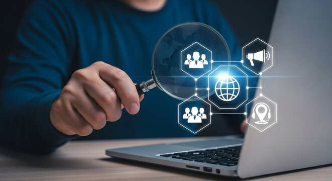 Person holding magnifying glass over laptop with digital network icons overlayed on the screen