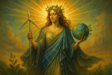Obraz premium Celestial goddess of sustainability promoting environmental awareness and renewable energy advocacy