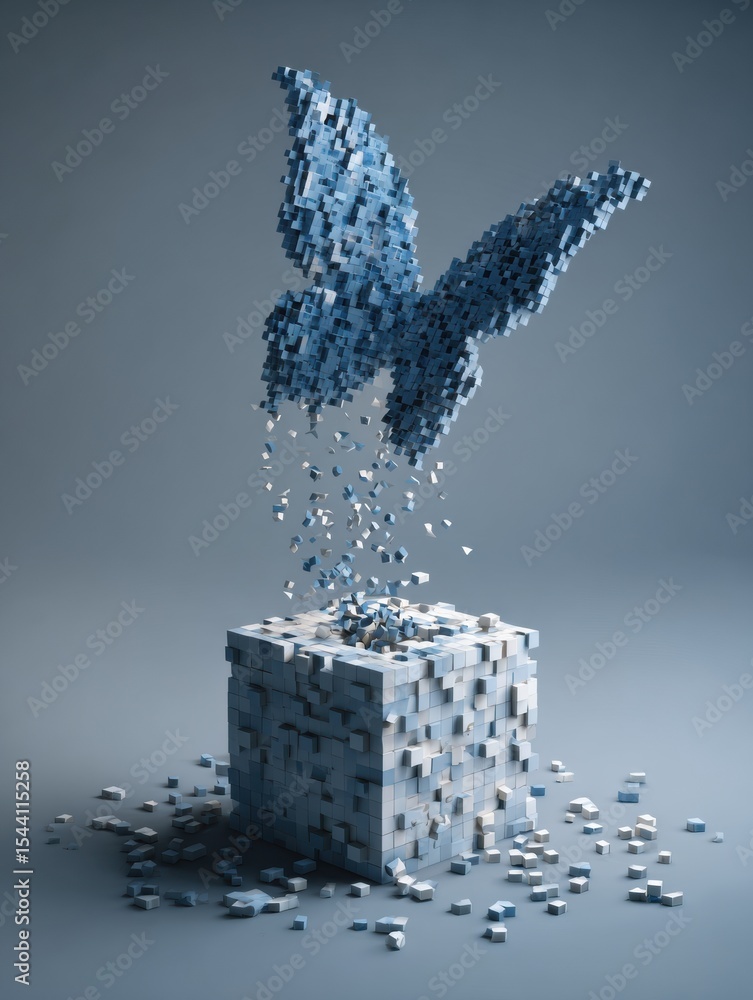 Poster Transformation of a Butterfly Emerging From a Cube Symbolizes Freedom and Rebirth in an Abstract Art Concept