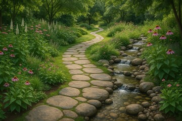 Obraz premium Sustainable garden meditation path with mindful walking stones and therapeutic landscape design elements
