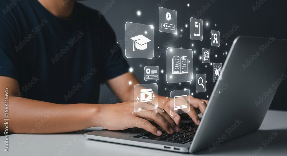 Poster person typing on laptop with education and learning icons floating around the screen in digital spac