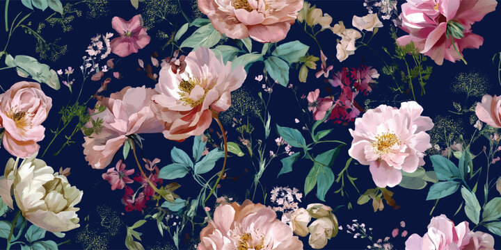 Luxurious Moody Floral Design with Pink Peonies Deep Blue Foliage, Dark Background Botanical Art for design, textile, packaging, fabric, wallpaper, branding, stationery, wrapping paper interior decor.